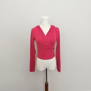 Anna Kaci Hoodie Top Crop Lightweight Faux Wrap Athleisure Lounge Athletic Pink